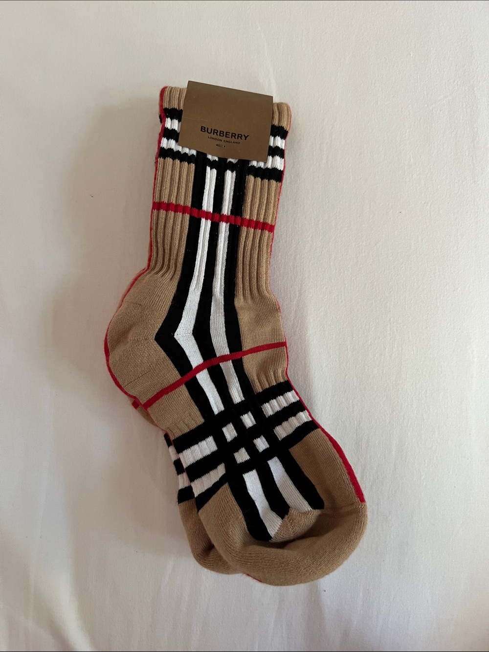 Burberry Tan Crew Socks with Black, White and Red Stripes